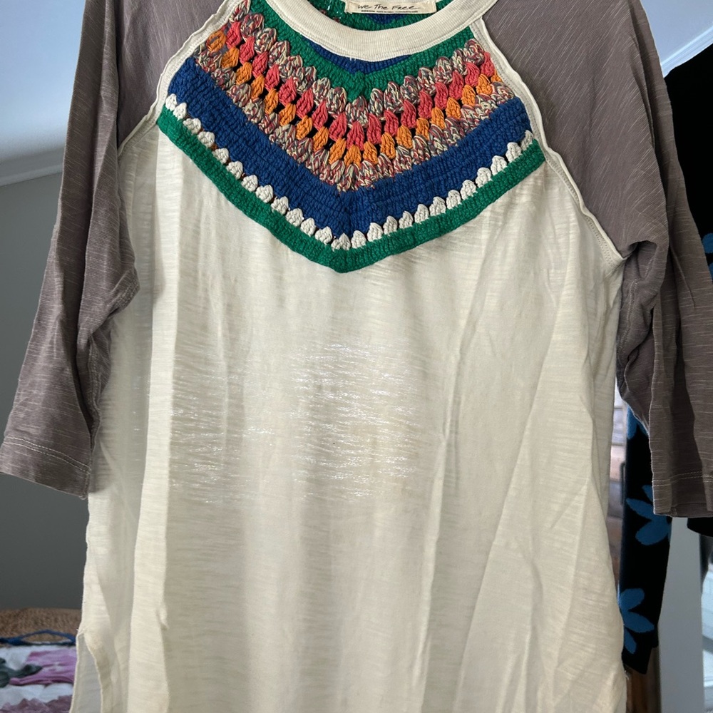 Free People Crocheted 3/4 sleeve raglan ivory
